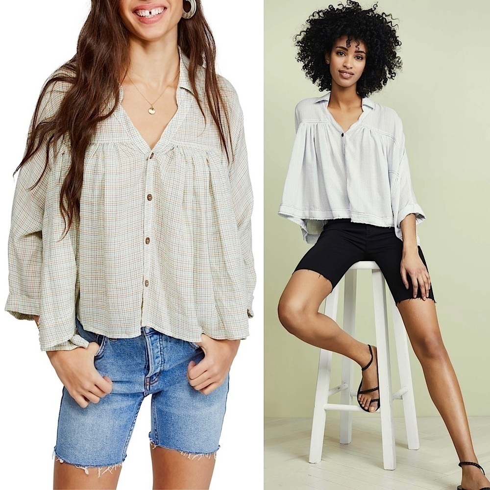 NWT FREE PEOPLE‎ Rainbow Plaid Oversized Button Up Pleated Cropped Prairie Top S